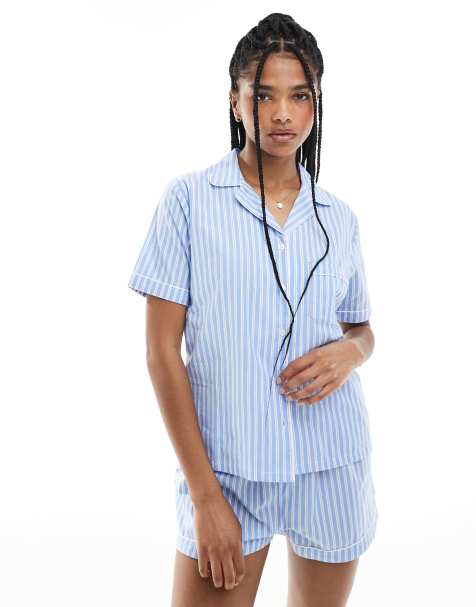 New Look - Pigiama con pantaloncini e camicia blu a righe - view 1