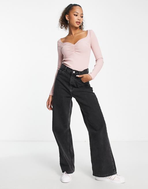New Look - Pink langærmet top med hjerteformet hals og rynker, 4 af 4
