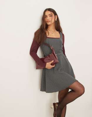 New Look pinstripe belted pinny dress in grey