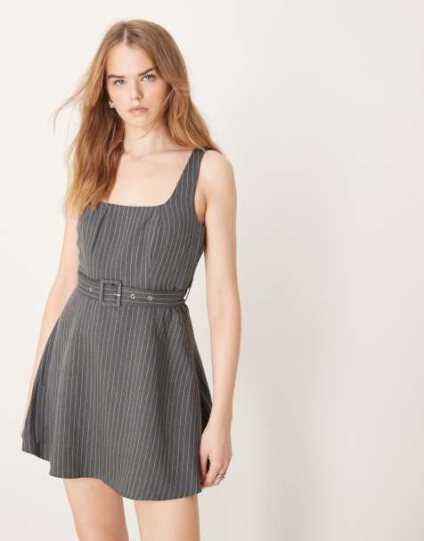 New Look pinstripe belted pinny dress in grey