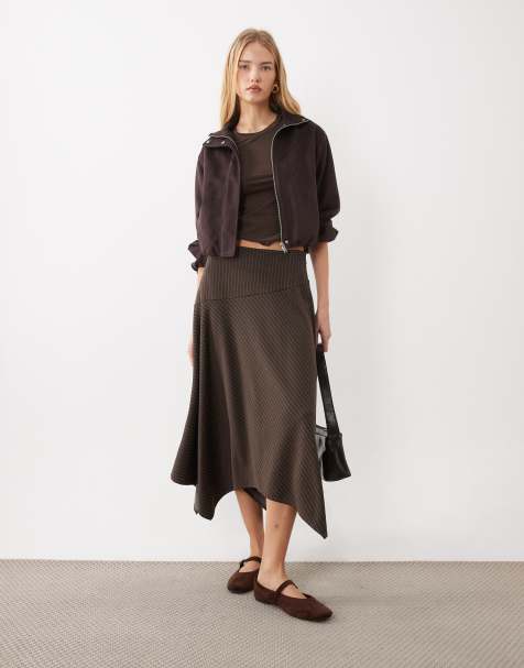 New Look pinstripe hanky hem midi skirt in brown - view 1