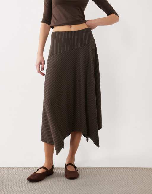 New Look pinstripe hanky hem midi skirt in brown, 2 of 5