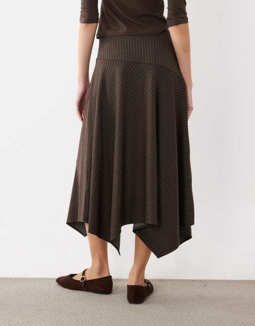 New Look pinstripe hanky hem midi skirt in brown, 4 of 5