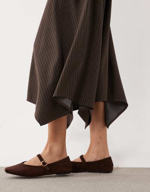 New Look pinstripe hanky hem midi skirt in brown, 5 of 5