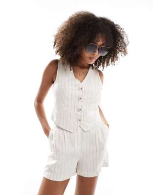[New Look] New Look pinstripe linen look waistcoat in white 16 WHITE