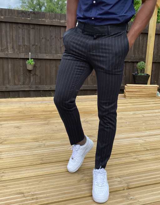 navy and white pinstripe pants