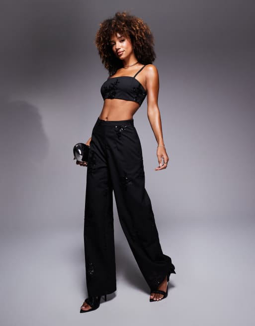 New Look pinstripe sequin wide leg pants in black (part of a set)