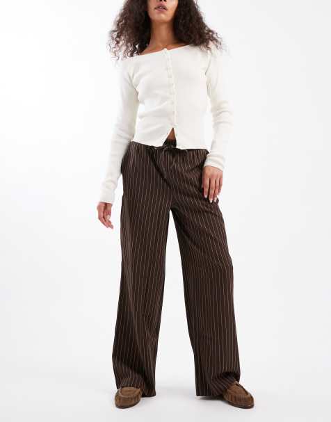 New Look pinstripe wide leg pants in brown - view 1