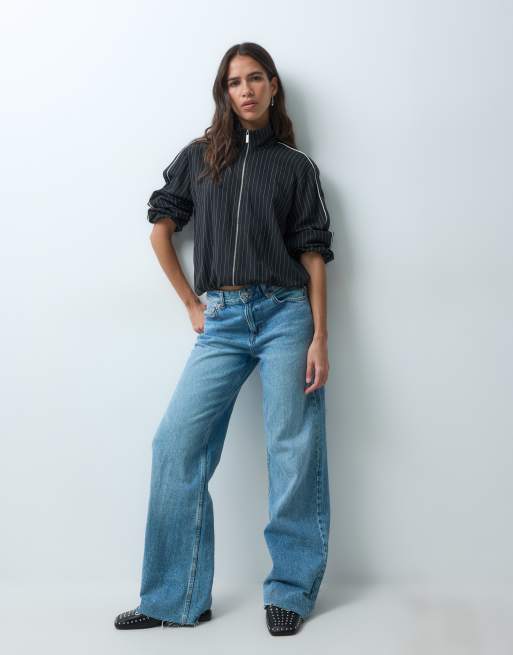 New Look piping detail track jacket co-ord in black pinstripe, 2 of 4