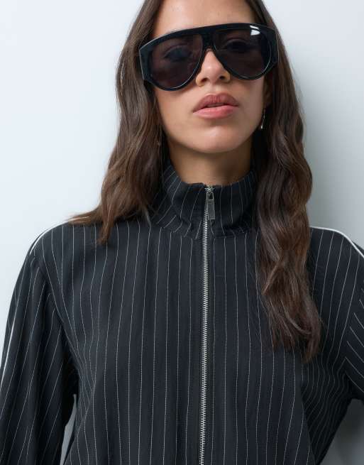 New Look piping detail track jacket co-ord in black pinstripe, 3 of 4
