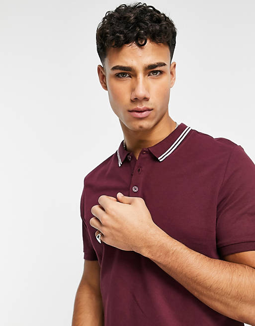  New Look pique tipped polo in burgundy 