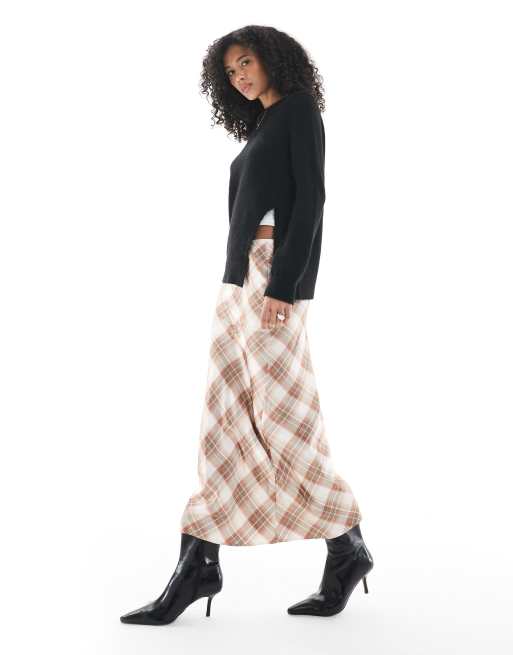 New Look plaid satin bias cut midi skirt in pink