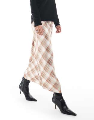 New Look Plaid Satin Bias Cut Midi Skirt In Pink
