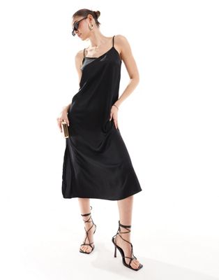 New Look plain satin strappy midi dress in black | ASOS