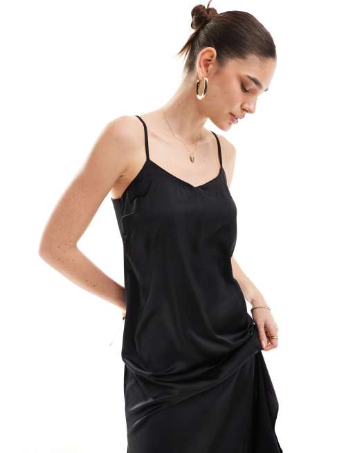 New Look plain satin strappy midi dress in black