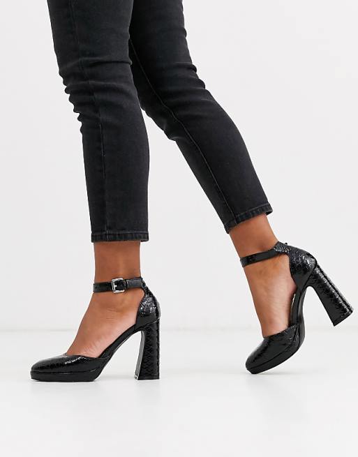 New Look platform leather look croc heel in black | ASOS