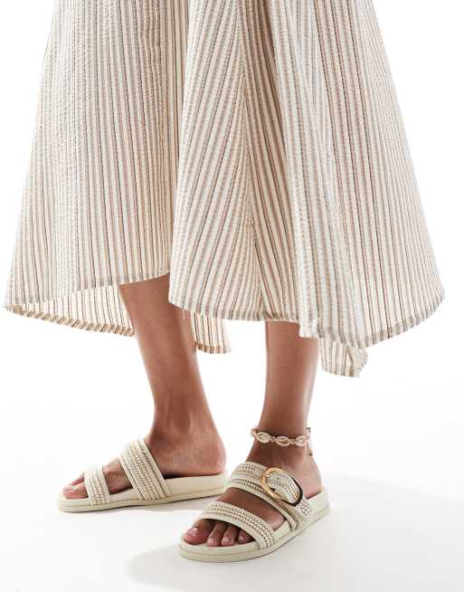 New Look - Platte sandalen met bandjes in gebroken wit raffia