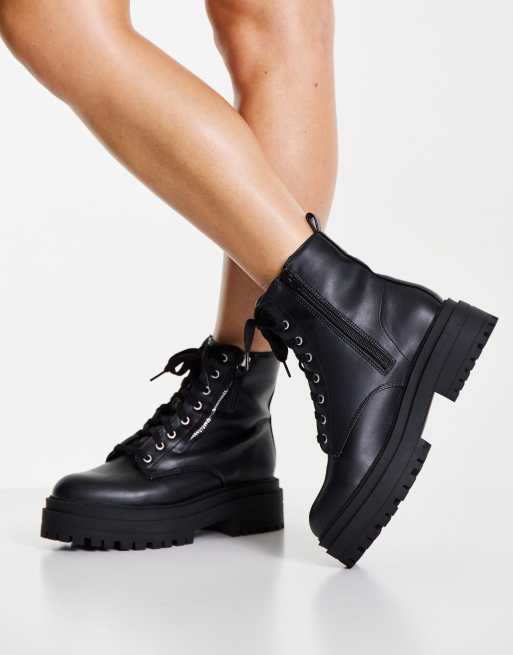 New Look - Platte veterlaarzen met ritsdetail en dikke zool in zwart