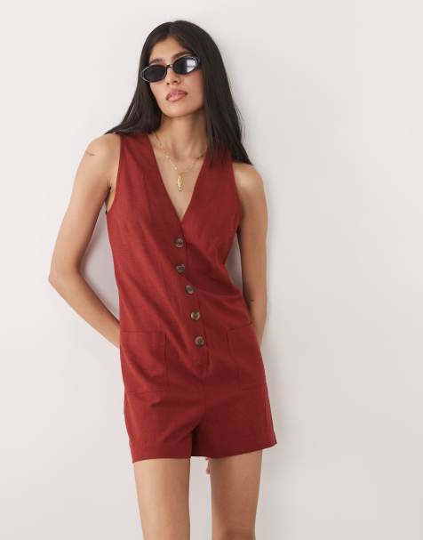 New Look - Playsuit met V-hals en knoopsluiting in roestbruin - view 1