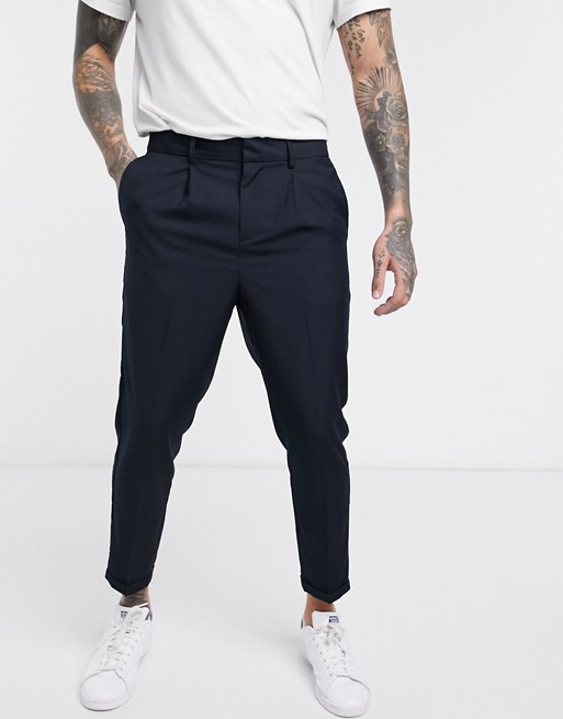 New Look pleated crop trousers in navy