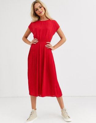 red midi pleated dress