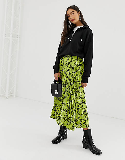 New Look pleated midi skirt in neon snake print