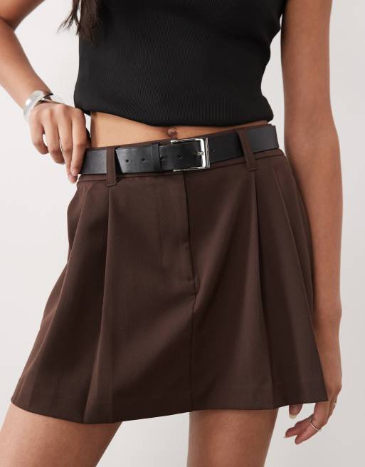 New Look pleated mini skirt with belt in dark brown, 5 of 5