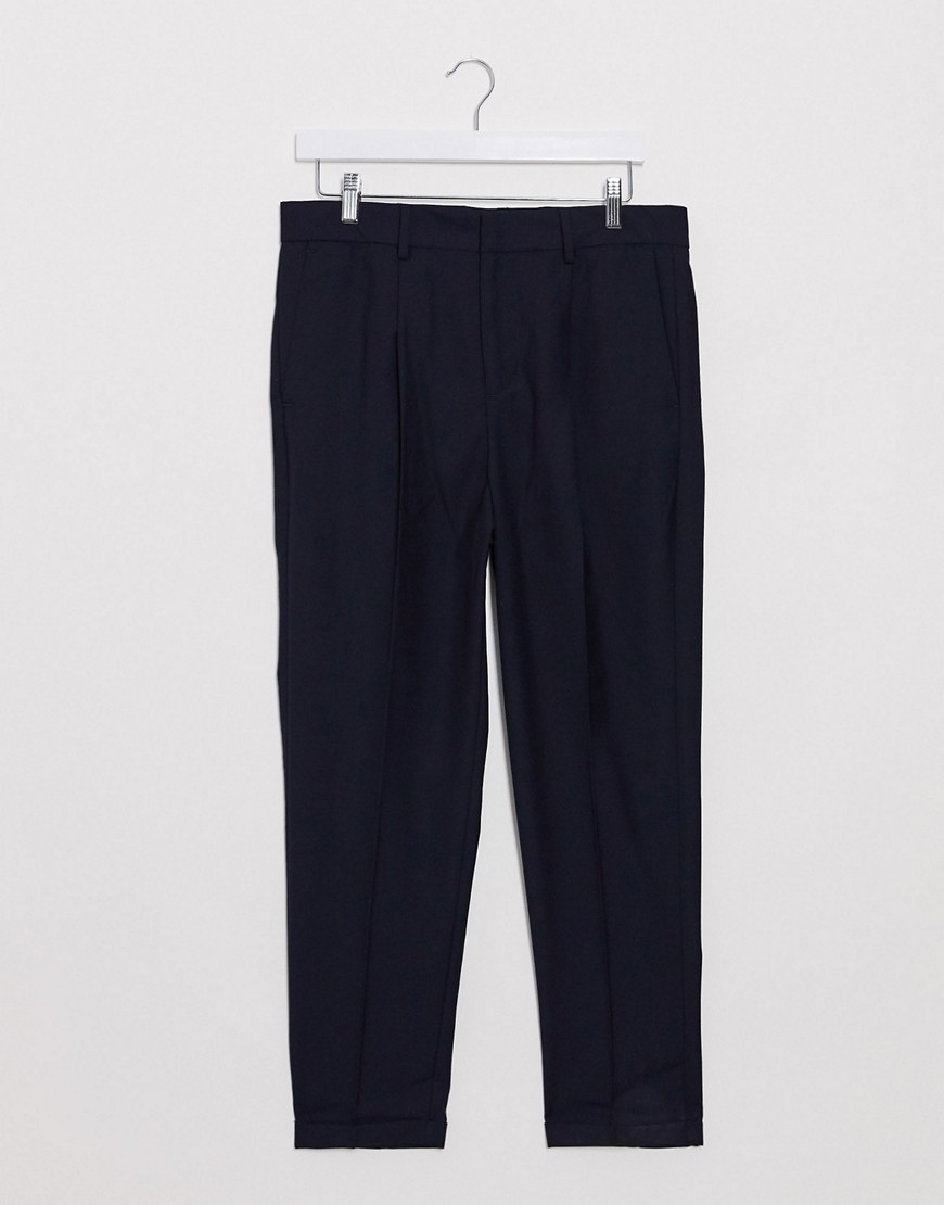 New Look pleated roll hem trousers in navy