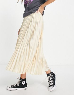 New Look pleated satin midi skirt in champagne
