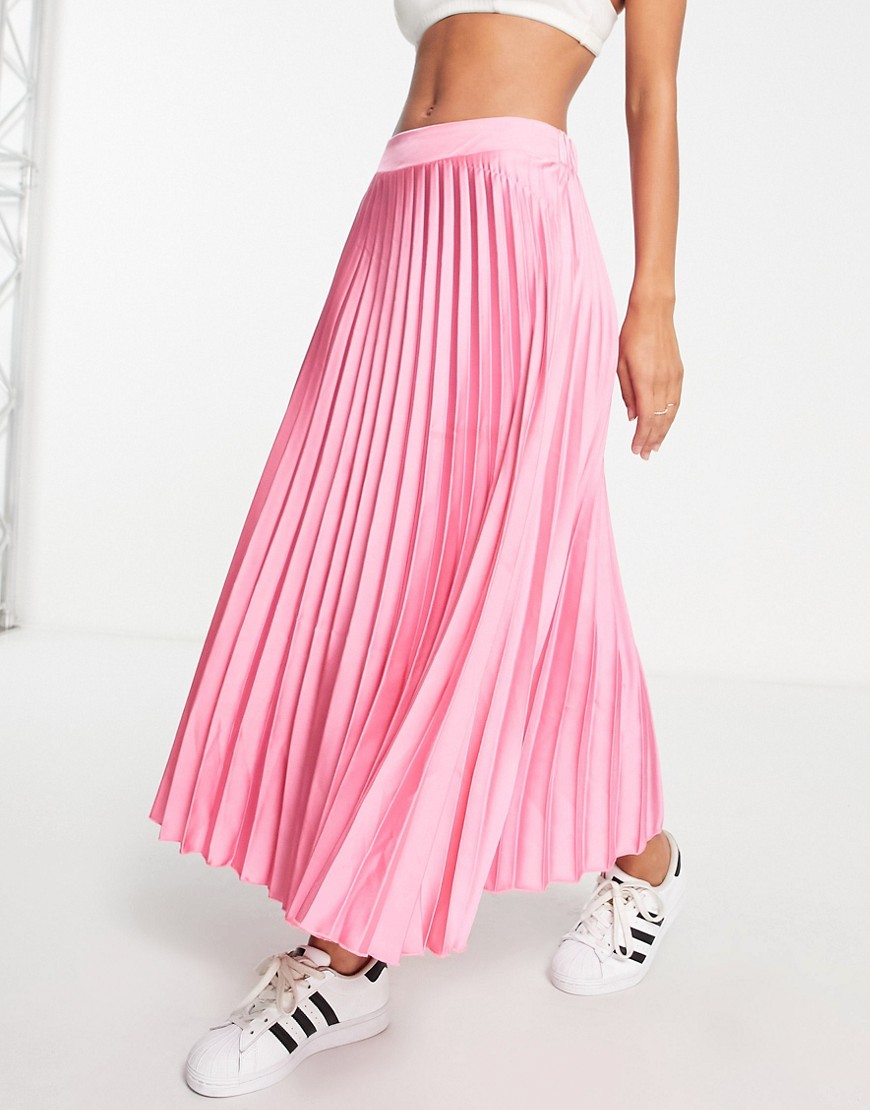 New Look pleated satin midi skirt in pink