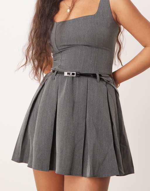 New Look pleated skirt belted mini dress in grey