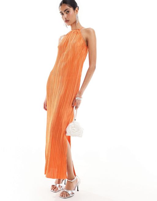  New Look plisse halter neck midi dress in bright orange