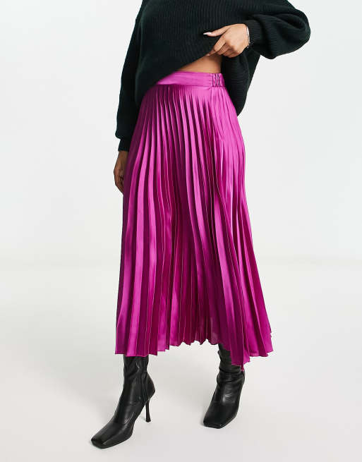 New Look – Plissierter Satin-Midirock in Dunkelrosa