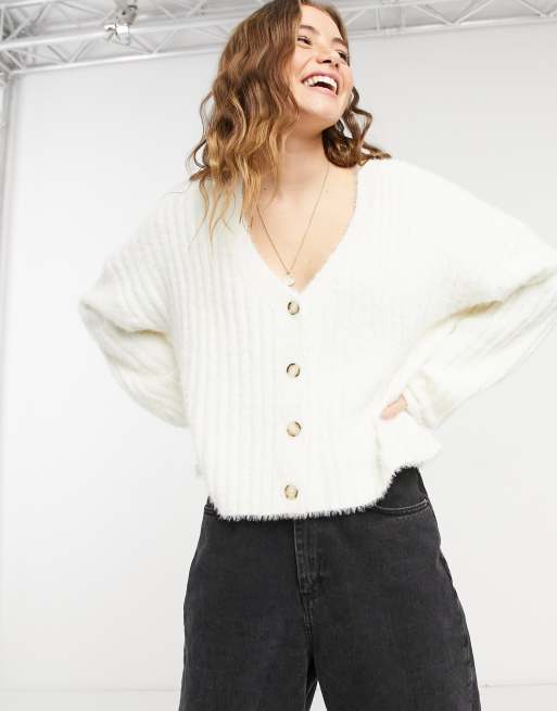 New Look - Pluizig geribbeld vest in wit