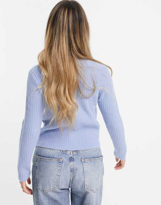 New Look - Pluizige, geribbeld gebreide trui in lichtblauw, 3 van 4