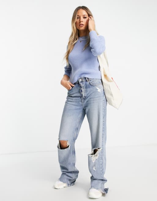 New Look - Pluizige, geribbeld gebreide trui in lichtblauw, 4 van 4