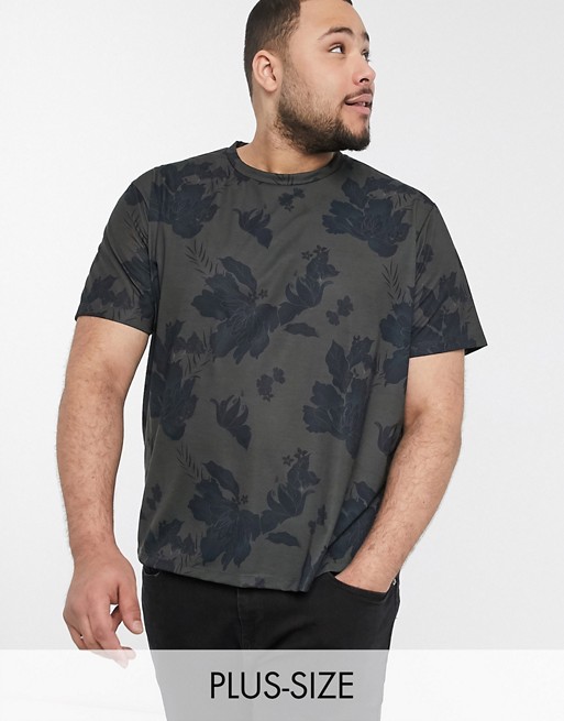 New Look PLUS all over print floral sublimation t-shirt in dark khaki