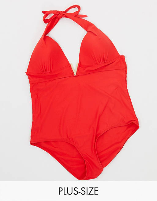 New Look Plus lift & shape plunge swimsuit in red