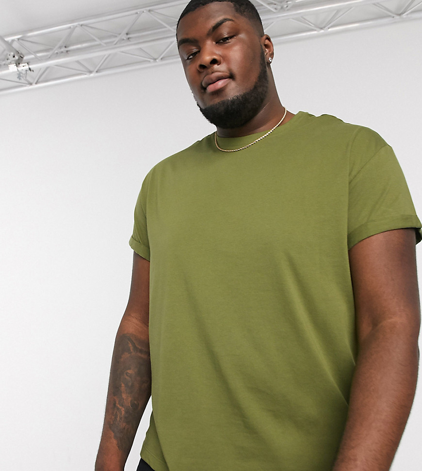 New Look Plus - T-shirt con maniche con risvolto kaki-Verde