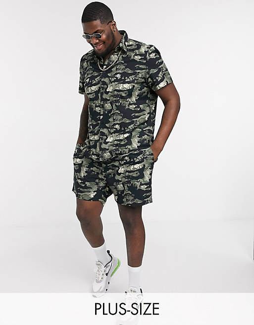 Men New Look Plus & Tall leafy camo ripstop short sleeve shirt in black 