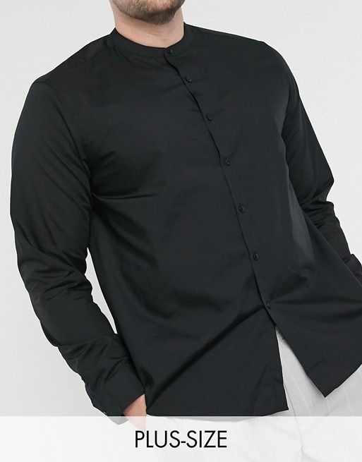 New Look Plus & Tall long sleeve grandad poplin shirt in black