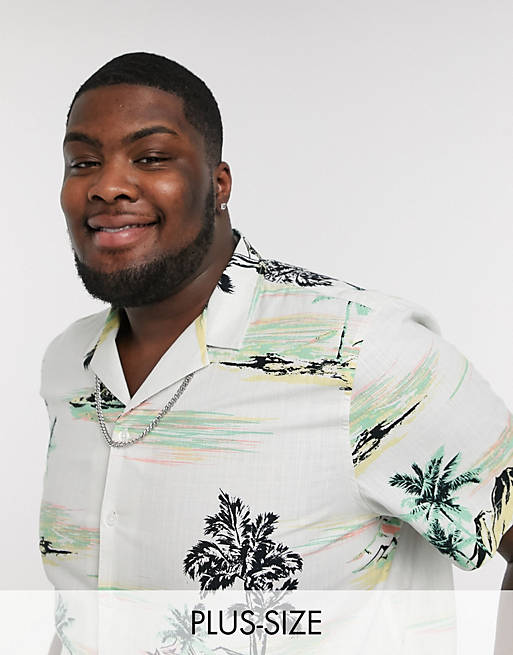 Men New Look Plus & Tall vintage tropical slub short sleeve shirt in white 