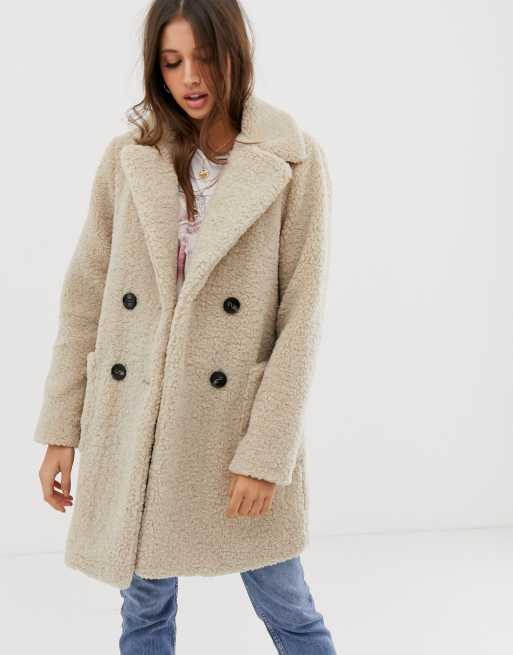 New Look plysset frakke i cremefarvet