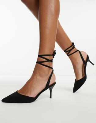 New Look pointed ankle tie kitten heels in black