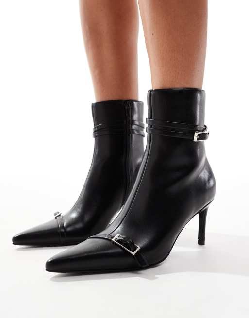 New Look pointed mid ankle boot with buckles in black ASOS