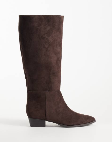 New Look pointed toe knee boot in brown faux suede - view 1