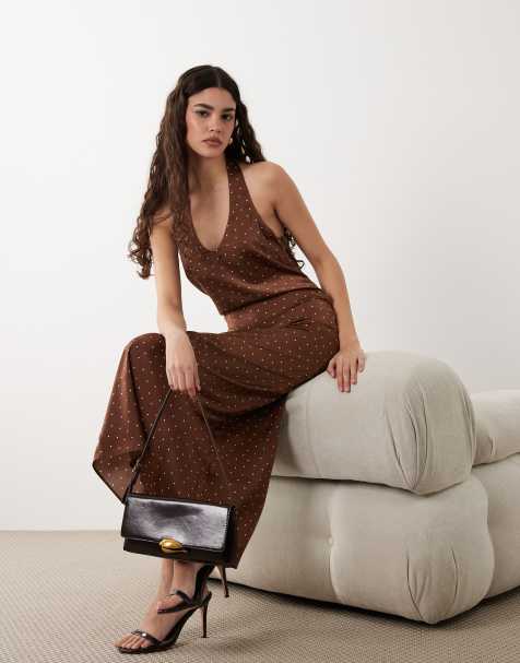 New Look polka dot cowl neck halter satin midi dress in brown - view 1