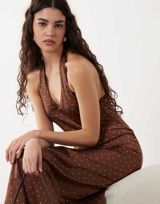 New Look polka dot cowl neck halter satin midi dress in brown, 3 of 4