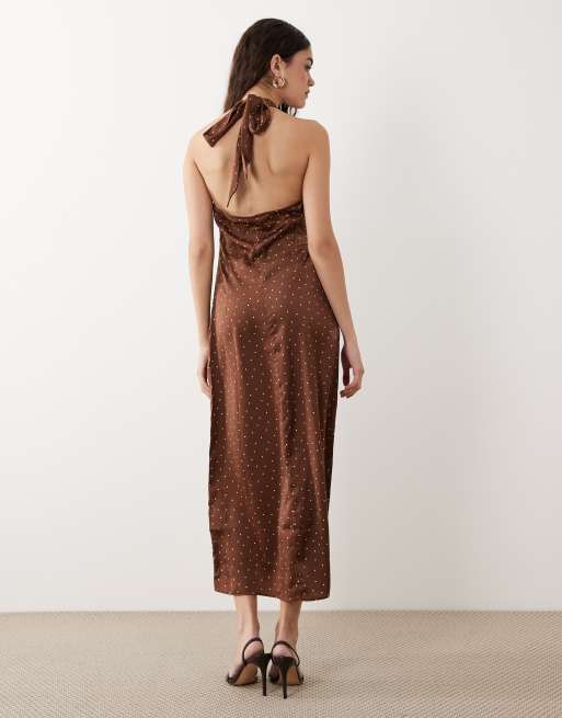 New Look polka dot cowl neck halter satin midi dress in brown, 4 of 4