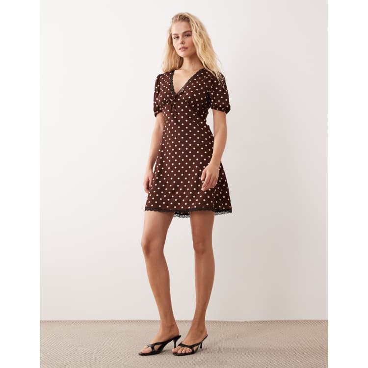 New Look polka dot crinkle lace trim mini dress in brown | ASOS